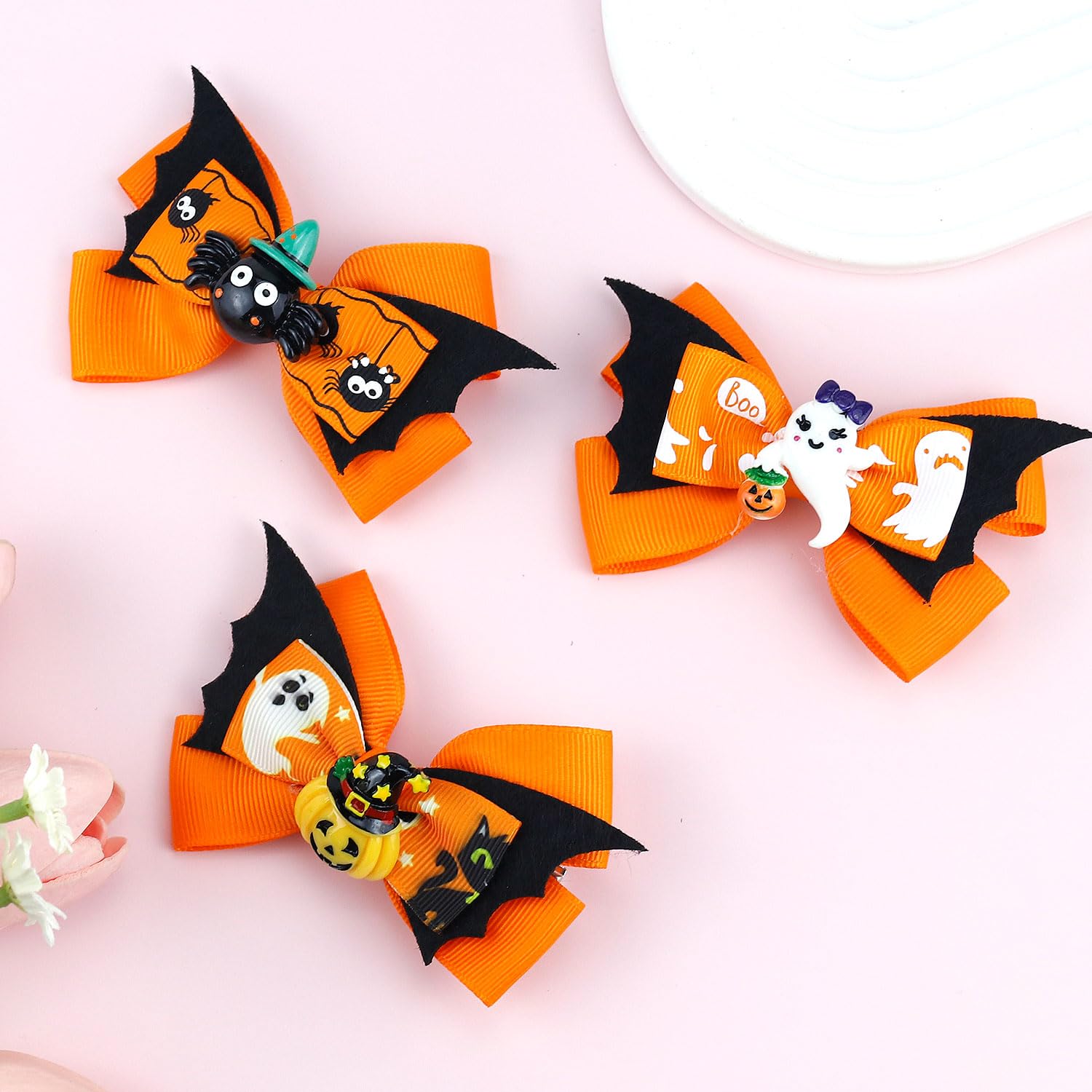 Lazos para el pelo de calabaza de Halloween para niñas, lindos clips de lazo de araña fantasma para decoración de peinado, pasador de pelo de