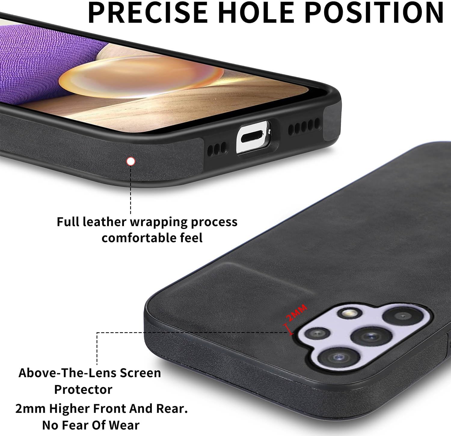Asuwish Funda de teléfono para Samsung Galaxy A32 5G 2021 de 6.5 pulgadas con protector de pantalla de vidrio templado y funda de cuero fino y