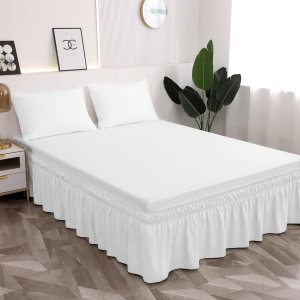 Falda de cama blanca de 16 pulgadas con volantes de polvo solamente, tres lados de tela de microfibra envueltos alrededor con elástico, fácil de Falda de cama blanca de 16 pulgadas con volantes de polvo solamente, tres lados de tela de microfibra envueltos alrededor con elástico, fácil de