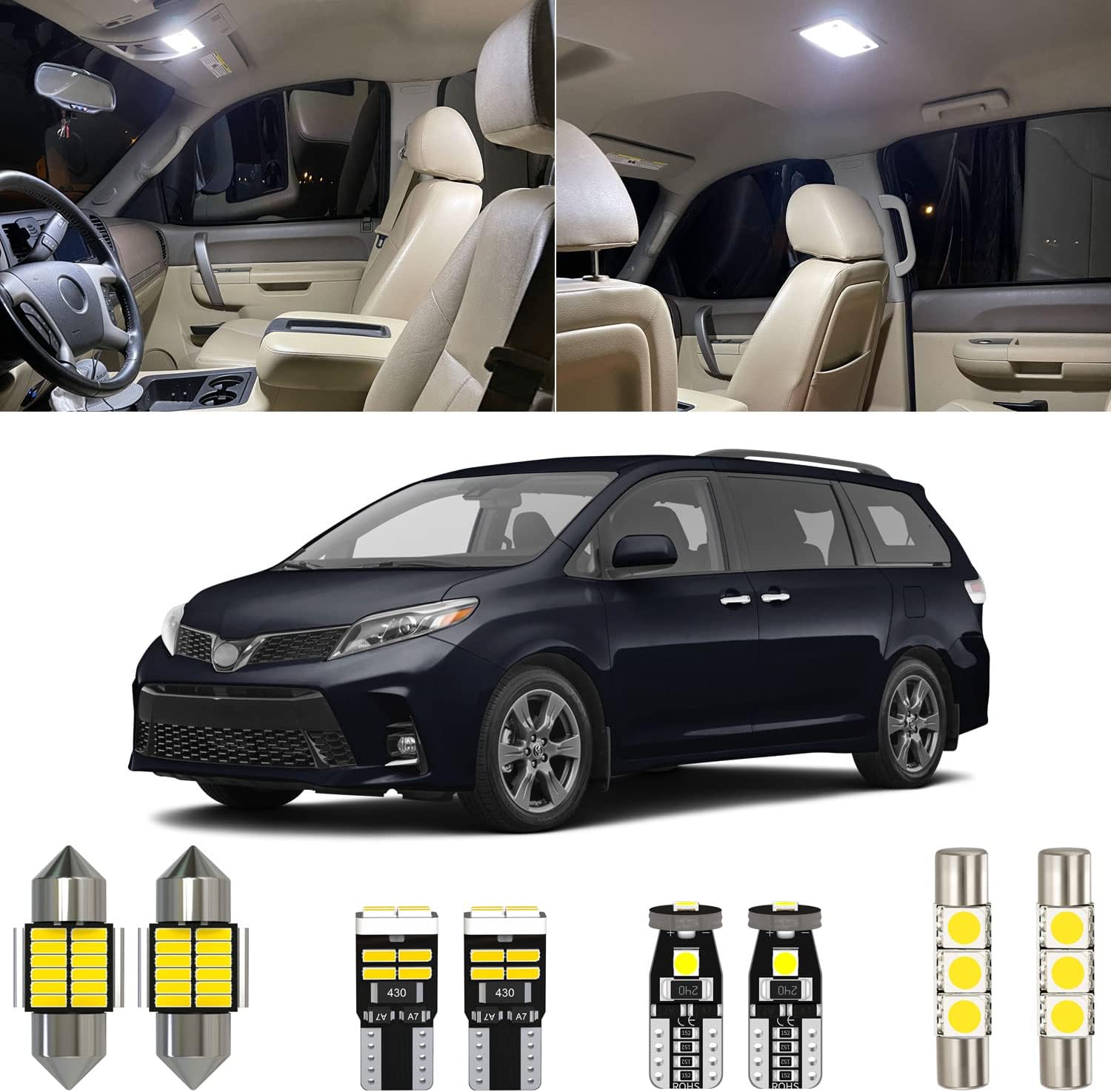 Kit de 16 luces LED interiores Sienna blancas de 6000 K, repuesto para Toyota Sienna 2011 2012 2013 2014 2015 2016 2017 2018 2019 2020 2021, con