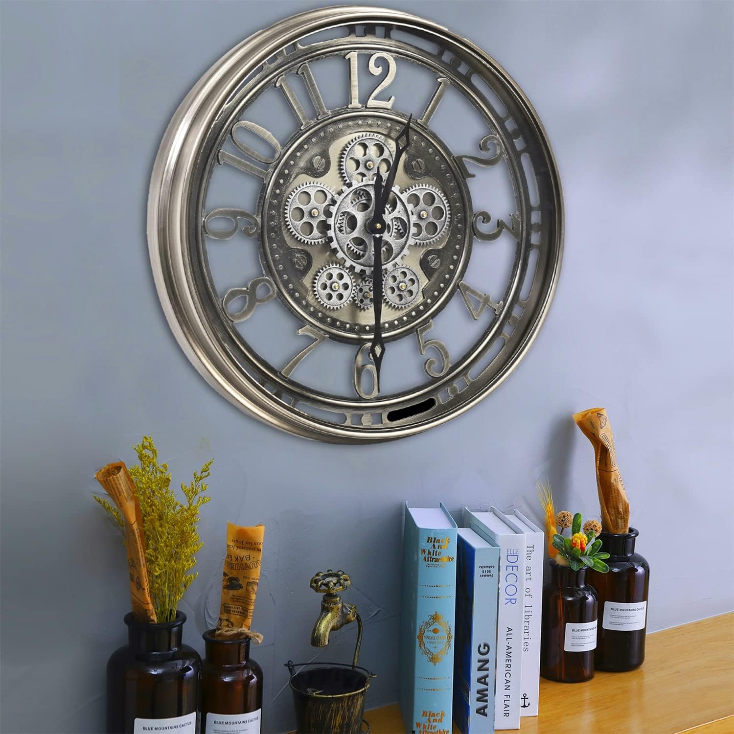 Reloj de pared original con engranaje móvil real, moderno, industrial steampunk, reloj de pared grande para decoración de sala de estar y casa de