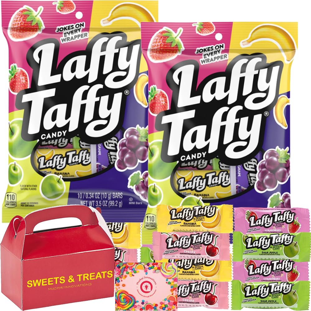 Laffy Taffy – Mini bar de dulces masticables  Delicioso sabor surtido de manzana agria, uva, fresa y plátano envueltos individualmente  Cesta de