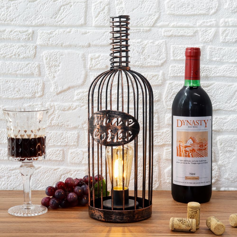 JHY DESIGN Lámpara de mesa decorativa que funciona con pilas, 13.5 pulgadas de alto, inalámbrica, de metal, botella de corcho de vino, con