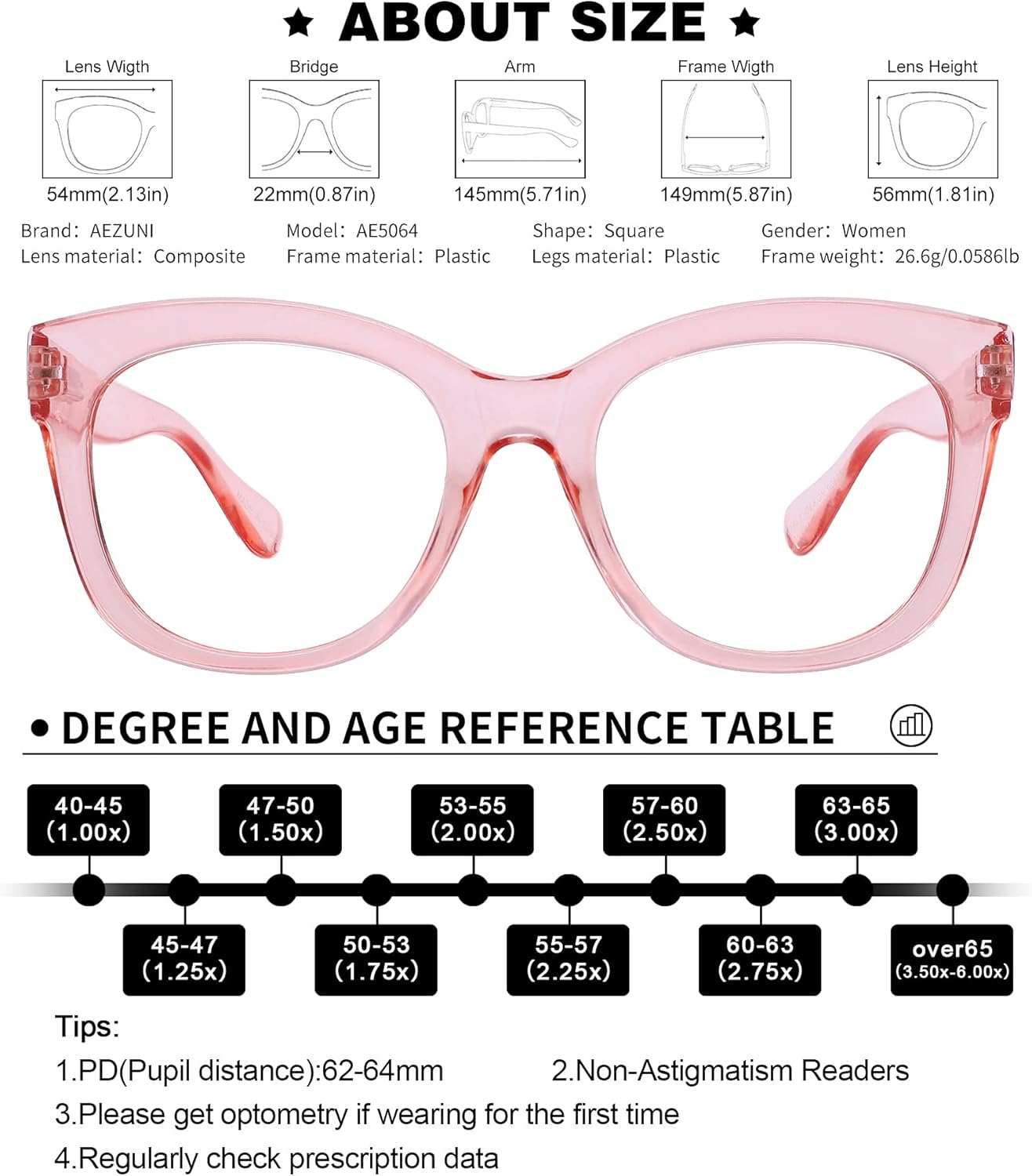Gafas de lectura de gran tamaño para mujer, lectores grandes 0 1.0 1.25 1.5 1.75 2.0 2.25 2.5 2.75 3.0 3.5 4.0 5.0 6.0 (rosa, 125)