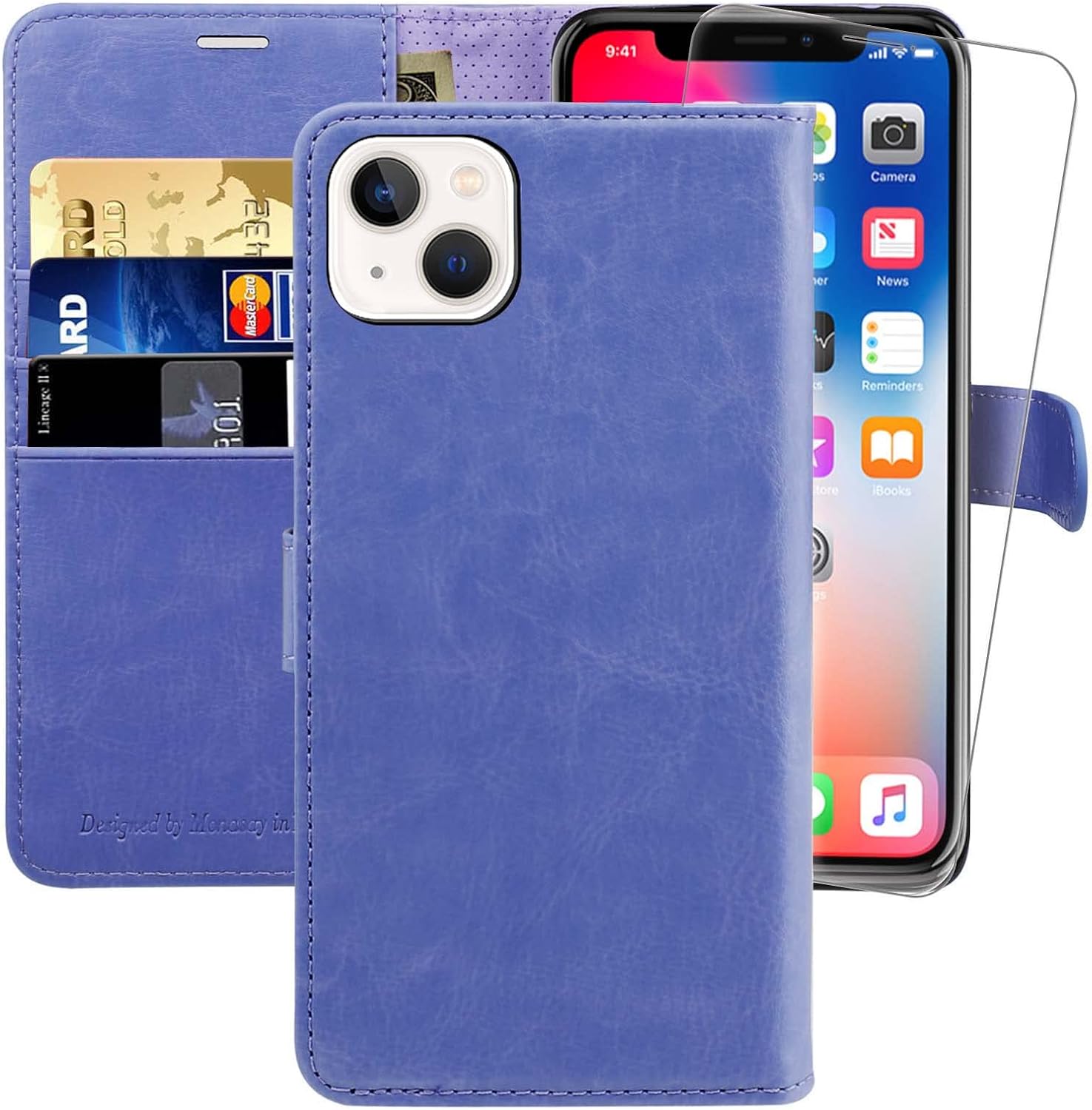 MONASAY Funda tipo cartera compatible con iPhone 13 5G de 6.1 pulgadas, protector de pantalla de cristal incluido, bloqueo RFID, funda de piel con