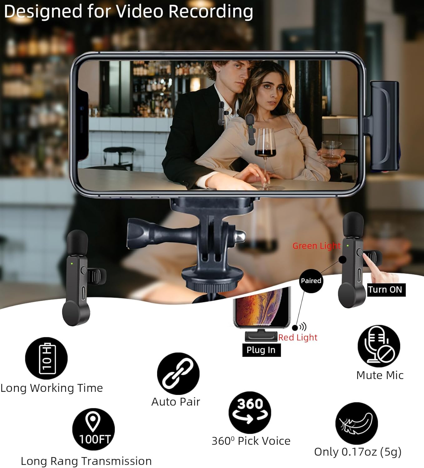 NPTCL Paquete de 2 micrófonos Lavalier USB C Wireless Lav Mic para teléfono Android, cancelación de ruido, mini micrófono de solapa tipo C para