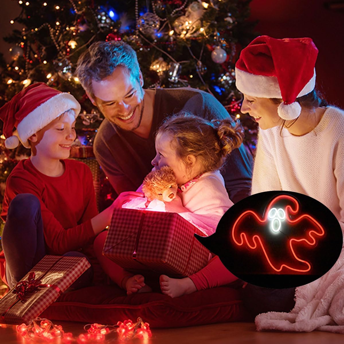 Luz de neón fantasma de Halloween, luz LED de fantasma rojo, luz de decoración de fiesta de interiores, decoración colgante de 14 pulgadas, letrero