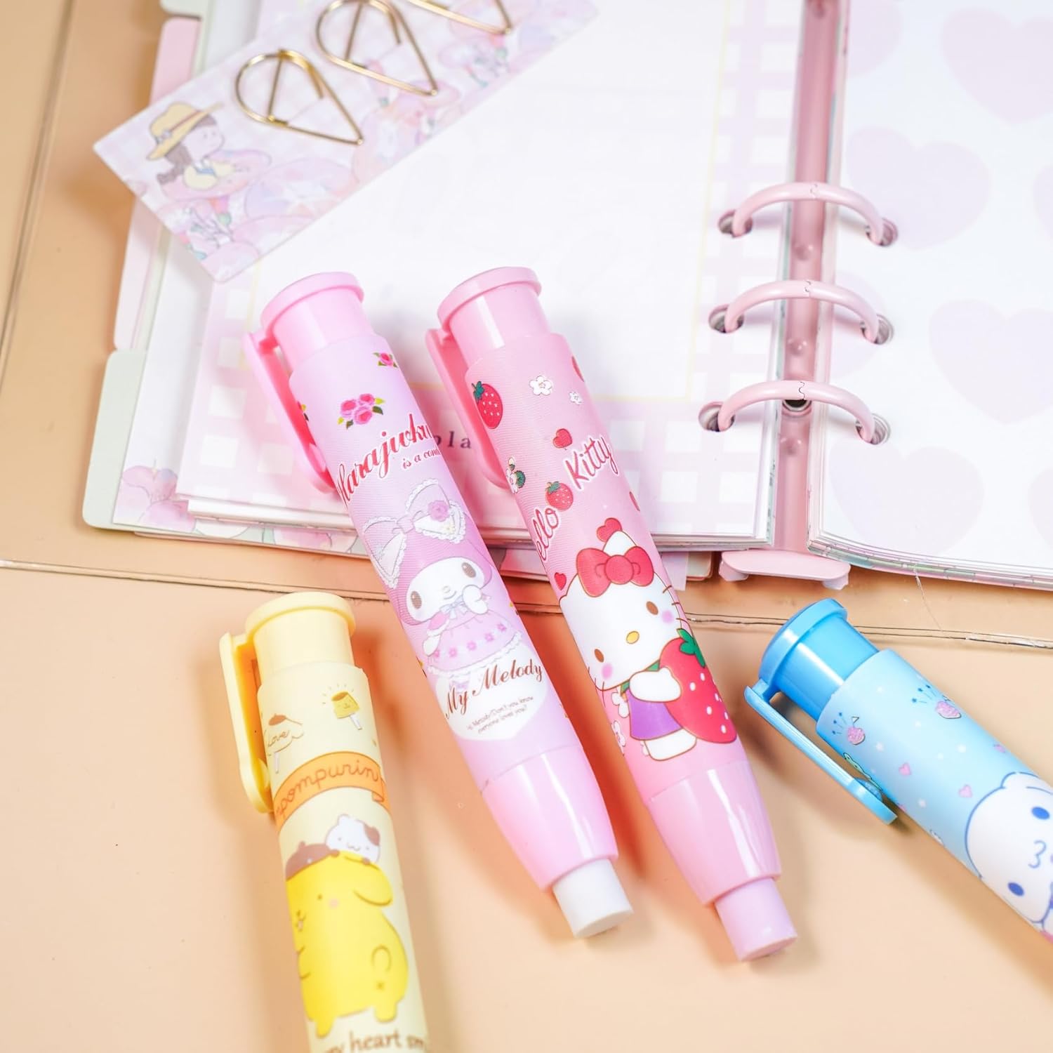 5 + 1 borradores Kawaii para niños y gatitos retráctiles, lindos borradores para niñas, melodía de anime, divertida, caricatura, novedad, borrador