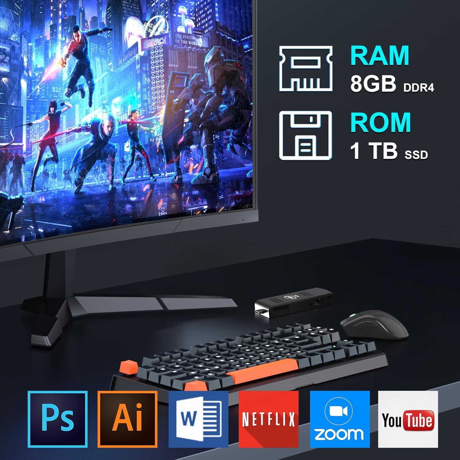 1TB Stick PC Mini PC Stick Windows 11 Pro, Intel Compute Stick equipado 1TB SSD M.2 SATA 3 Almacenamiento 8GB RAM, Celeron N4020, compatible con PD