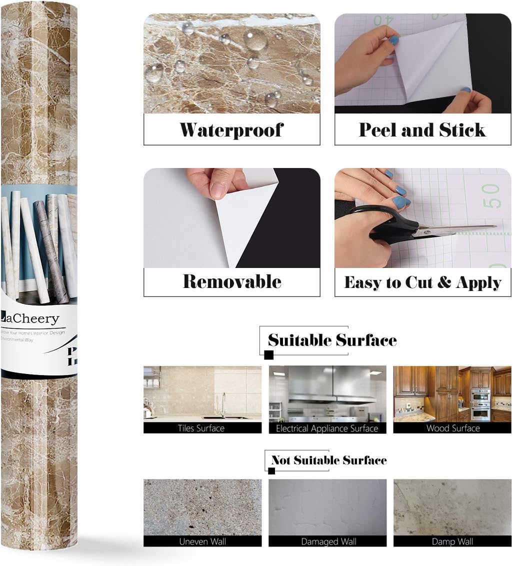 LACHEERY Papel adhesivo marrón mármol de 394 x 15.8 pulgadas para encimeras, armarios, papel tapiz decorativo autoadhesivo para pared, papel tapiz