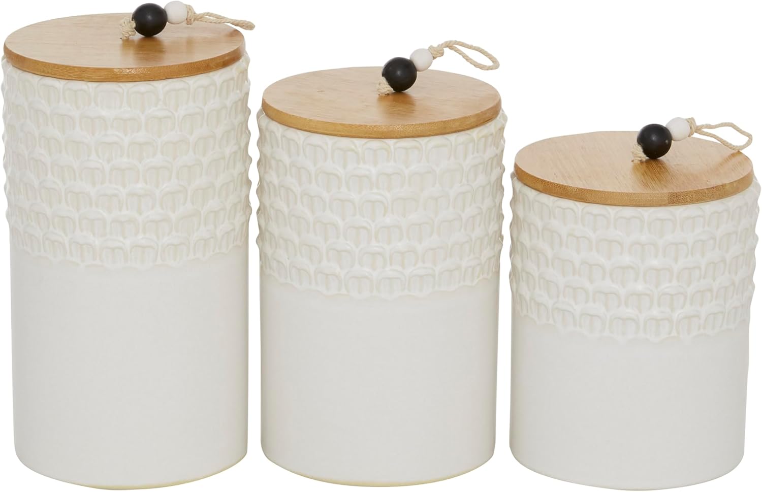 Deco 79 Tarros decorativos de cerámica con tapas de madera, juego de 3 9 pulgadas, 8 pulgadas, 7 pulgadas de alto, blanco
