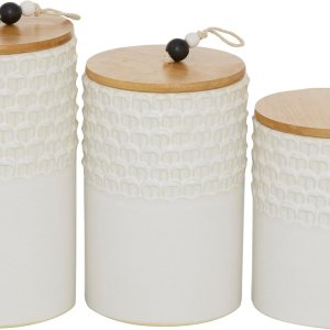 Deco 79 Tarros decorativos de cerámica con tapas de madera, juego de 3 9 pulgadas, 8 pulgadas, 7 pulgadas de alto, blanco Deco 79 Tarros decorativos de cerámica con tapas de madera, juego de 3 9 pulgadas, 8 pulgadas, 7 pulgadas de alto, blanco