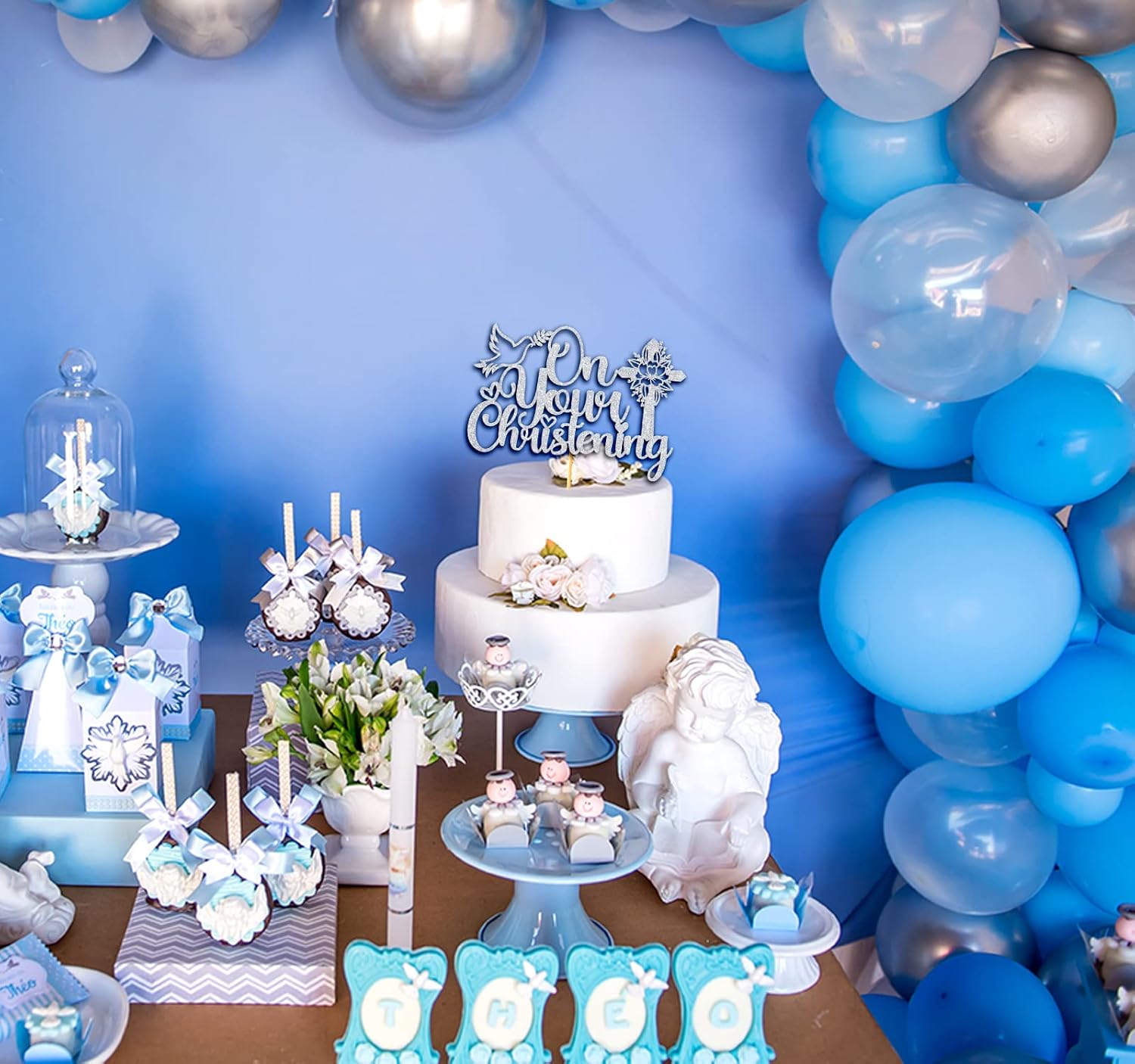 Decoración para pastel de bautizo, primera comuniónbendición en tu confirmación, suministros de decoración de fiesta de bautismo, purpurina plateada