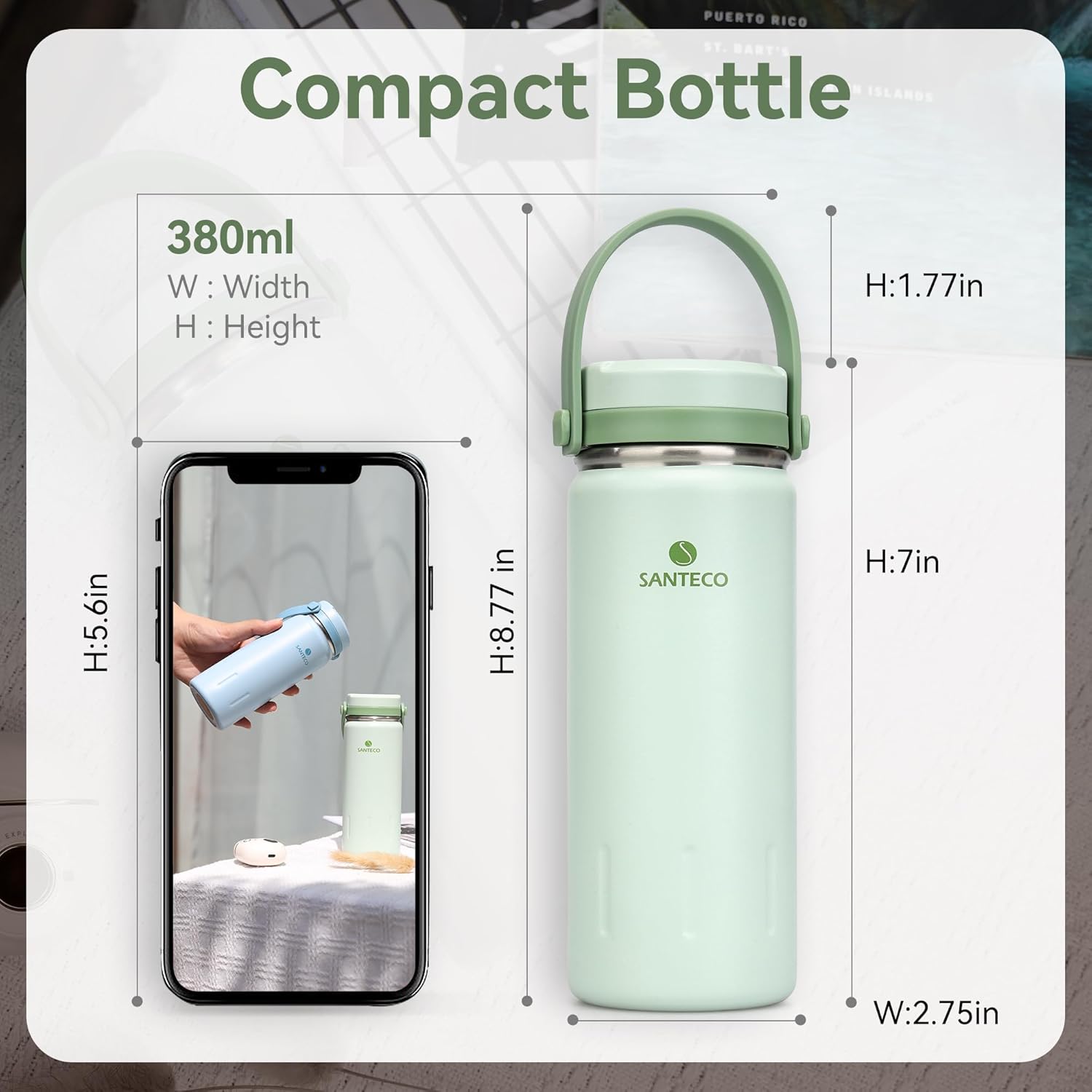 SANTECO Botella de agua de acero inoxidable de 13 onzas con asa, doble pared aislada, botella de agua con personalidad elegante, boca ancha, diseño