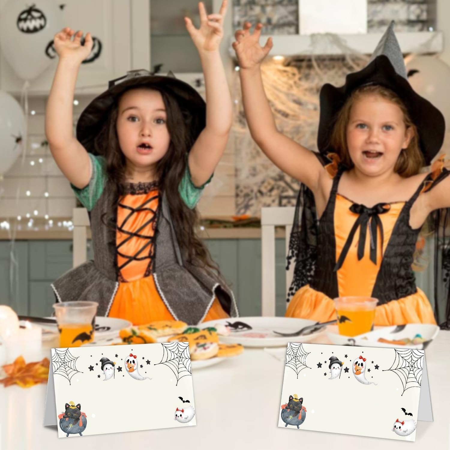 Tarjetas de lugar de mesa de Halloween, tarjetas editables con nombre, paquete de 25 etiquetas de tienda de comida para bufé, tarjetas de nombre de