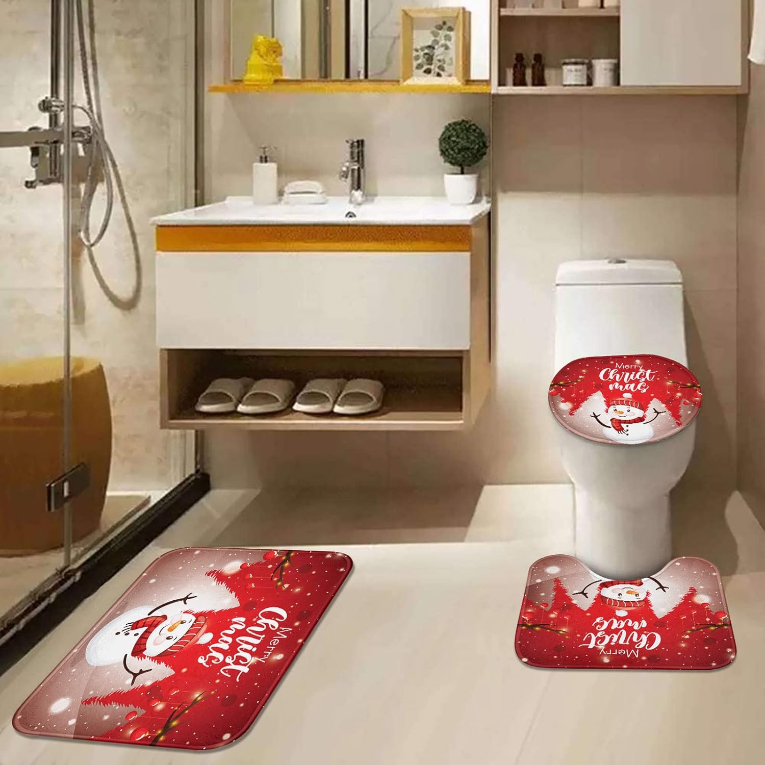 ArtSocket Juego de 3 alfombras y tapetes de baño de Navidad, antideslizantes, copos de nieve, árbol de invierno, absorbente de microfibra de espuma