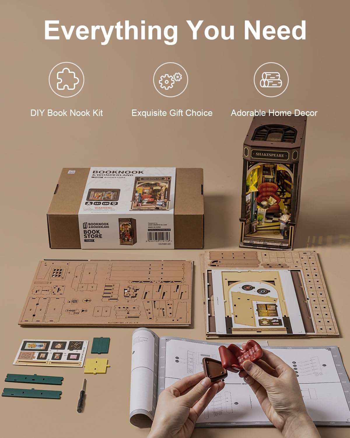 Rowood Book Nook – Kit de rincón de libros para adultos, rompecabezas de madera 3D en miniatura, callejón de decoración de estantería, pasatiempos
