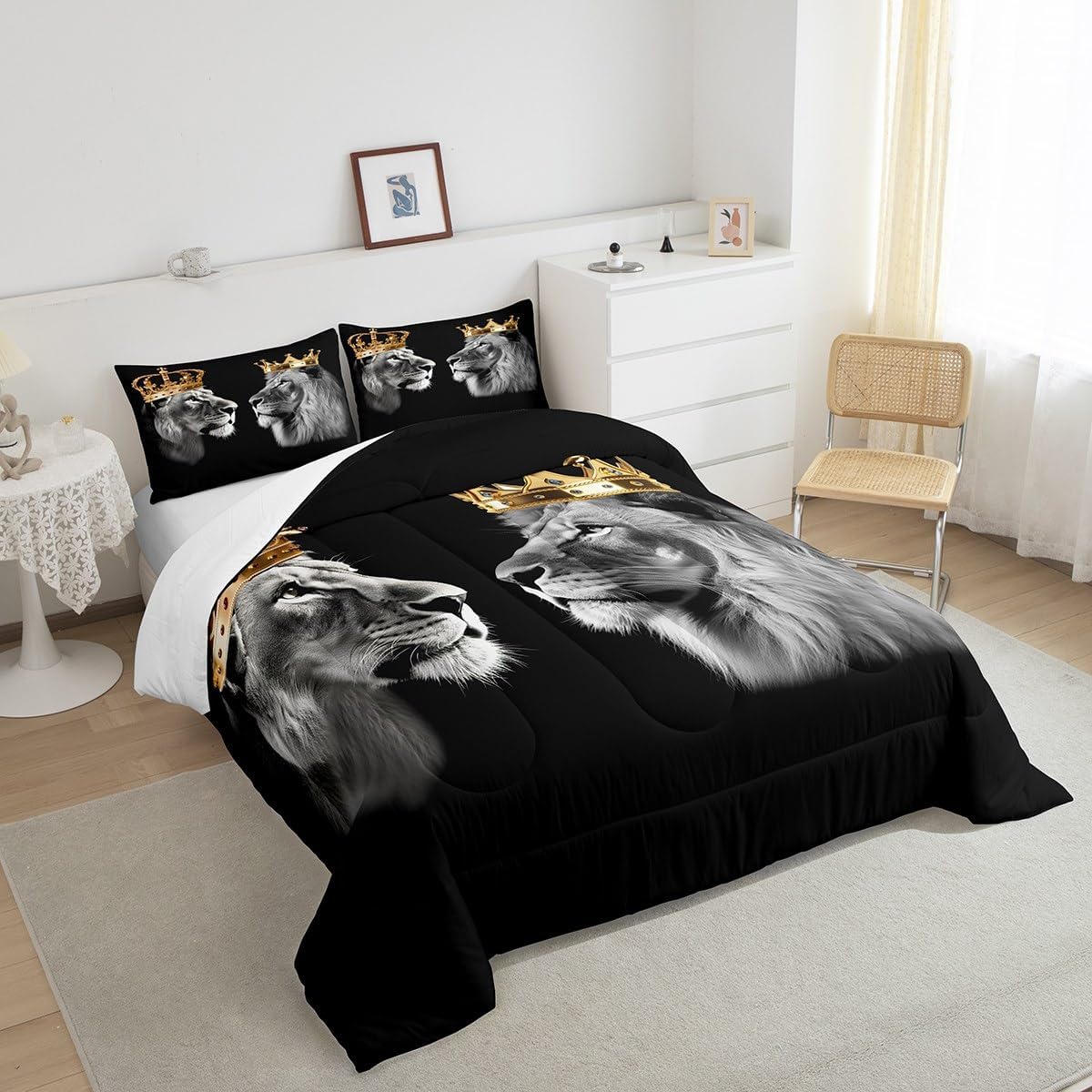 Juego de edredón de animales de león salvaje, tamaño King, edredón dorado de corona King y Queen para decoración de dormitorio, juego de edredón de