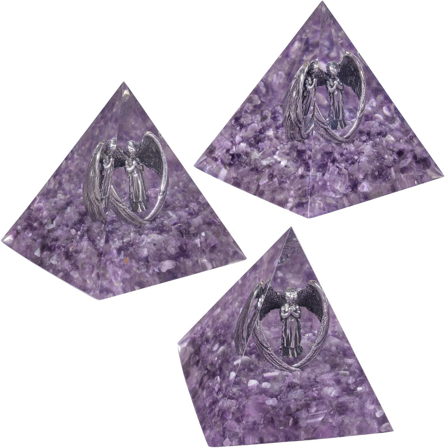 Yatming – Pirámide de cristal de amatista de orgón con figura de ángel rezando de cobre, generador de energía positiva de ángel de la guarda
