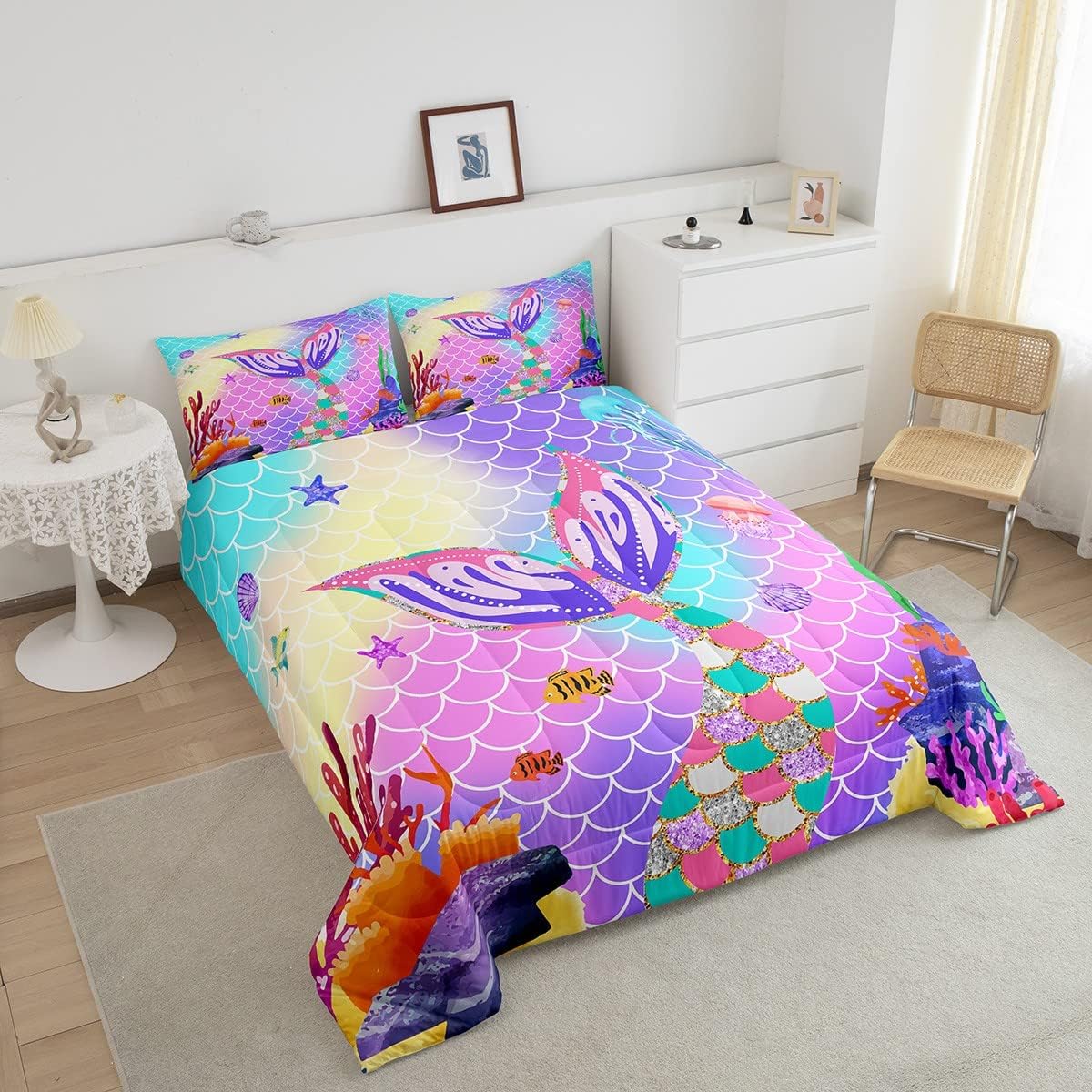 Juego de ropa de cama de sirena para niñas, tamaño matrimonial, juego de edredón de sirena náutica, animales marinos, cola de sirena, medusa