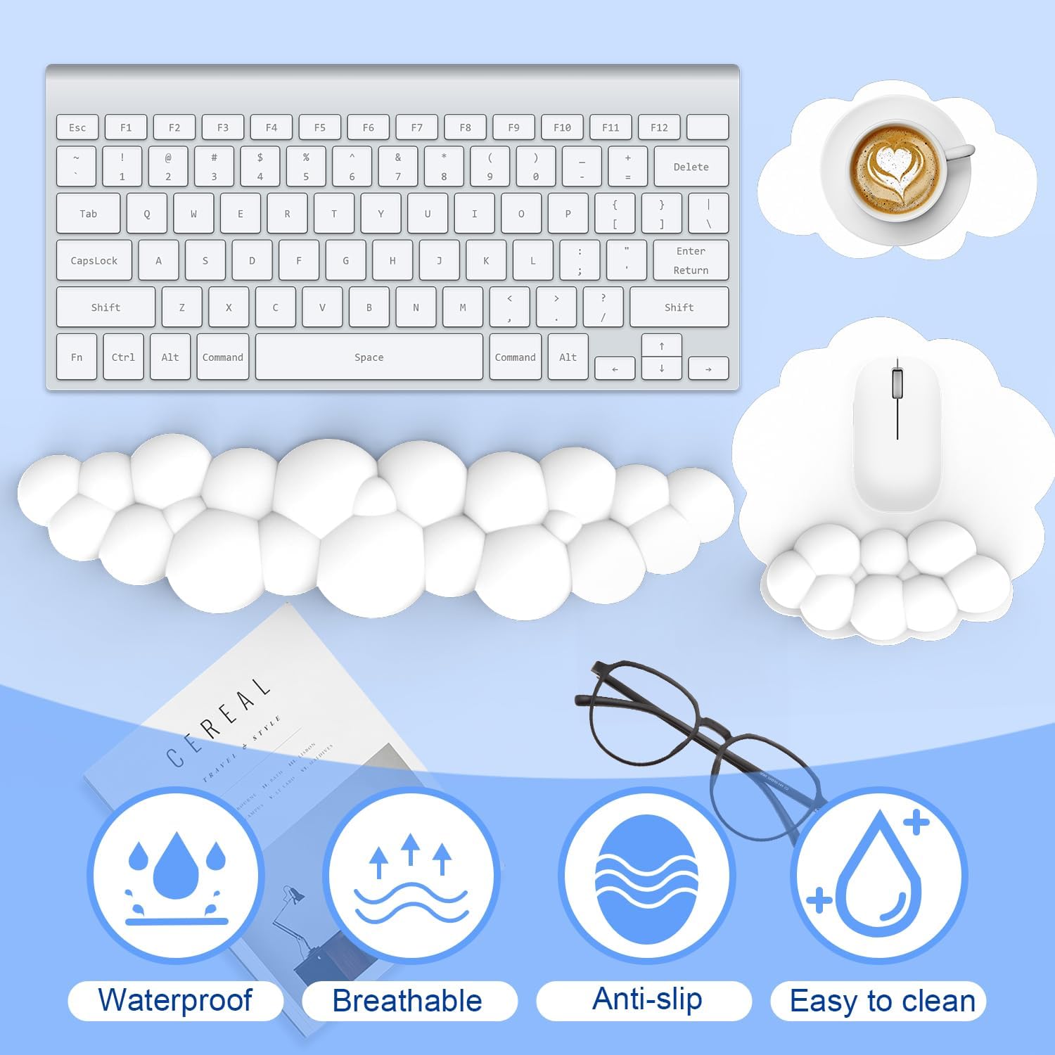 Reposamuñecas para teclado Cloud 3 en 1, teclado de piel suave, reposamuñecas para aliviar el dolor de muñeca para el hogar, oficina, laptop,