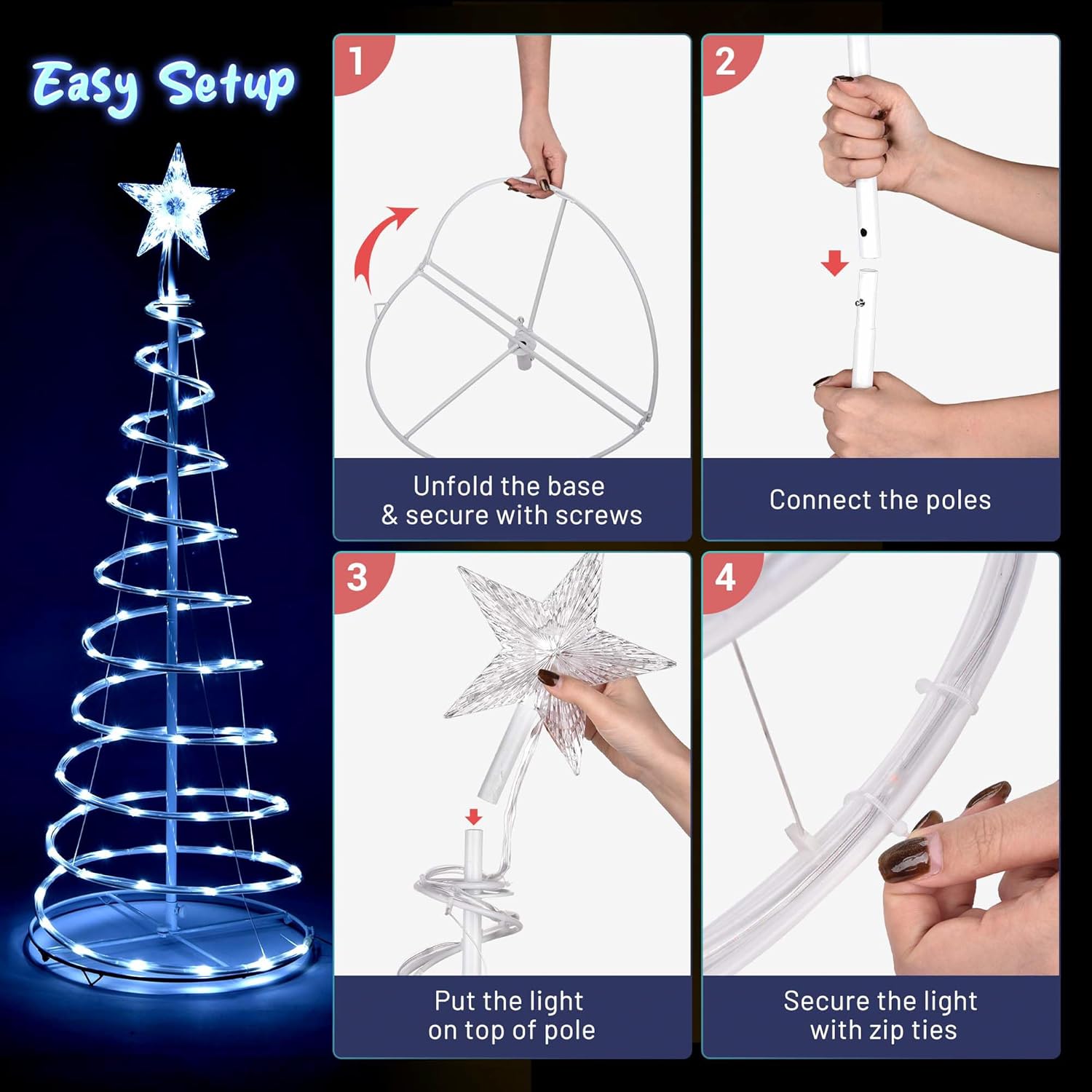 Juego de 3 luces LED en espiral para árbol de 6 pies, 4 pies, 3 pies, decoración navideña alimentada por USB