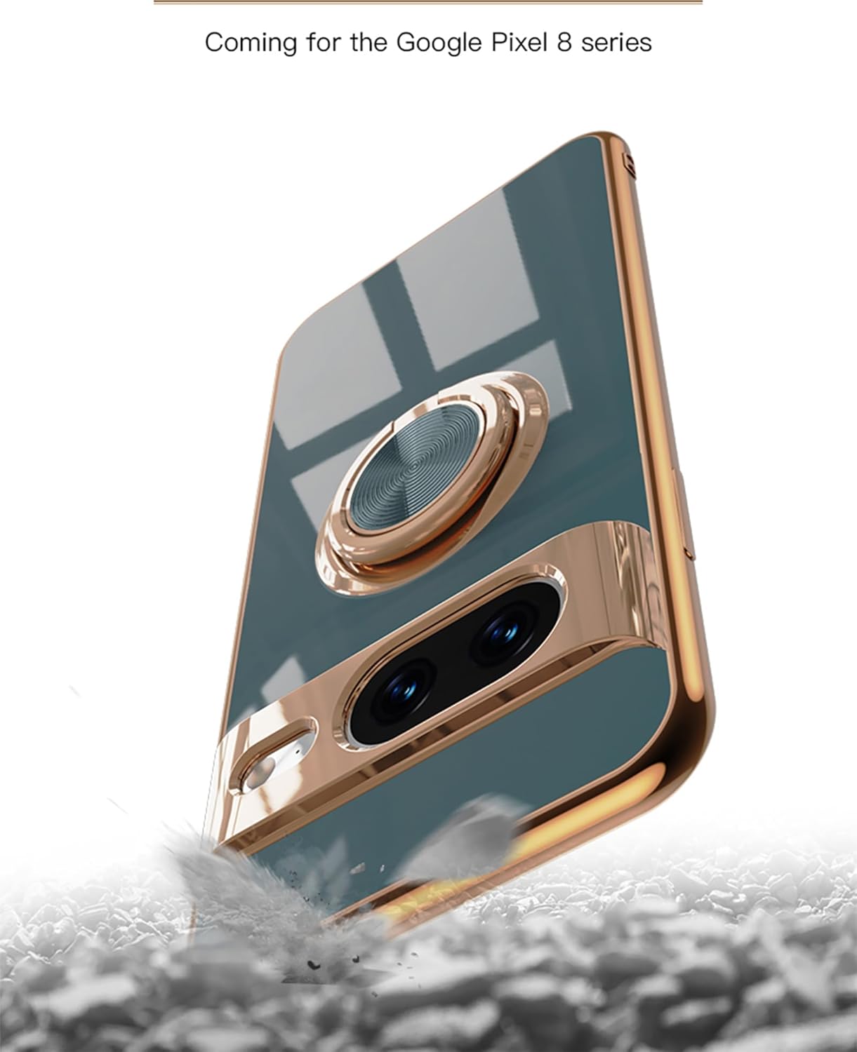 Funda para Google Pixel 8  Slim Fit soporte giratorio de anillo lujoso color dorado metal cubierta de silicona suave TPU protección a prueba de