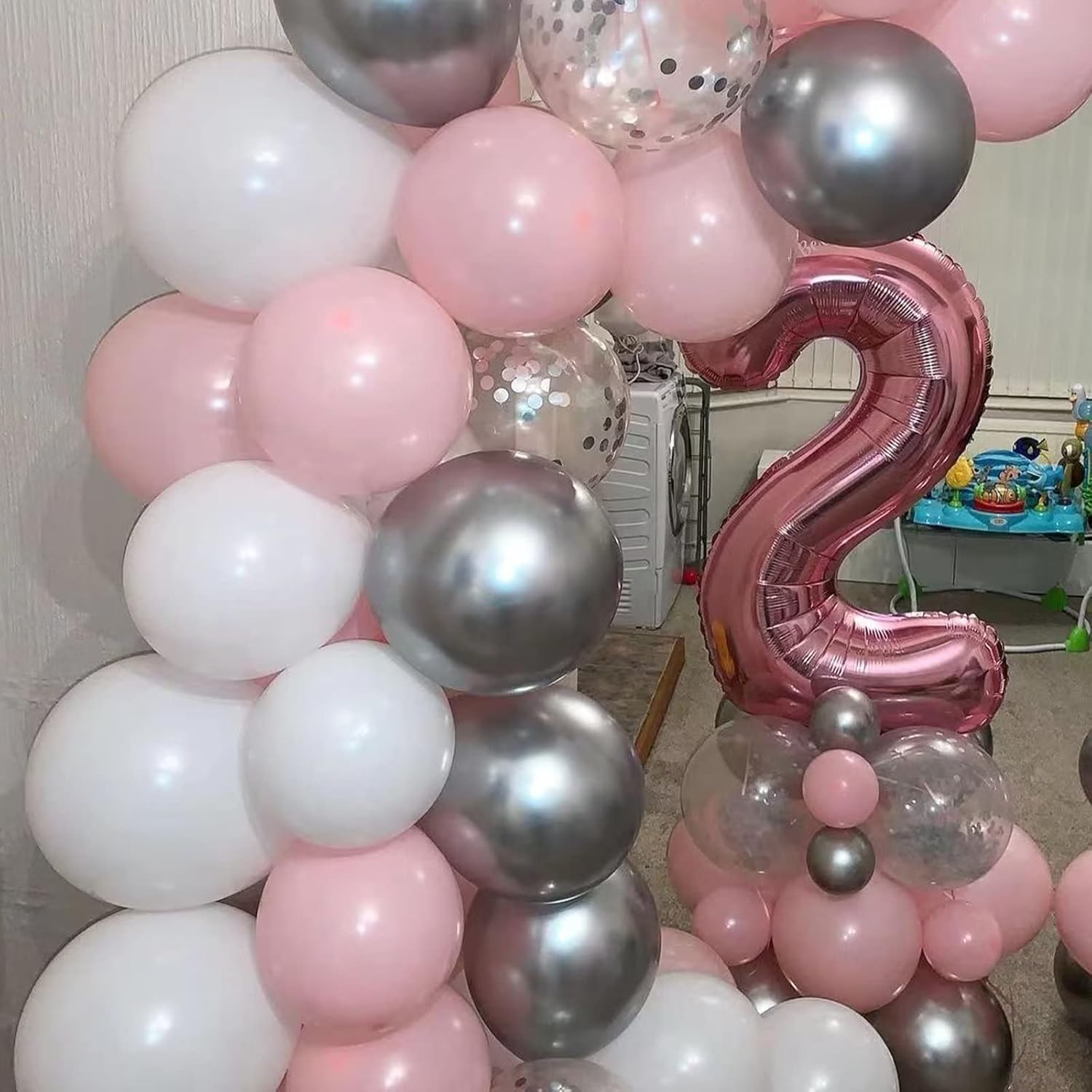 Kit de arco de globos rosa y plateado, kit de guirnalda de globos de color rosa macarrón plateado metálico, globos de látex cromados y rosa pastel,
