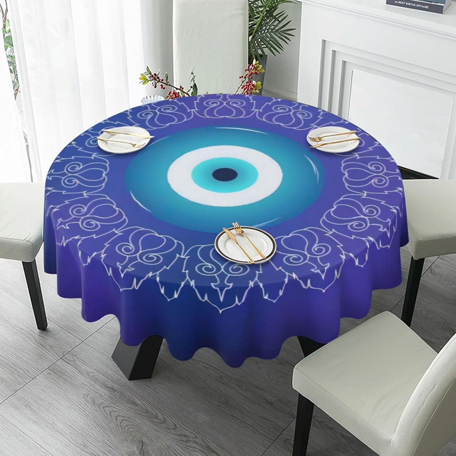 Manteles redondos griegos turcos atiasma mal de ojo mandala para cocina, mesa de comedor, fiestas, bodas, picnic (59.8 pulgadas)