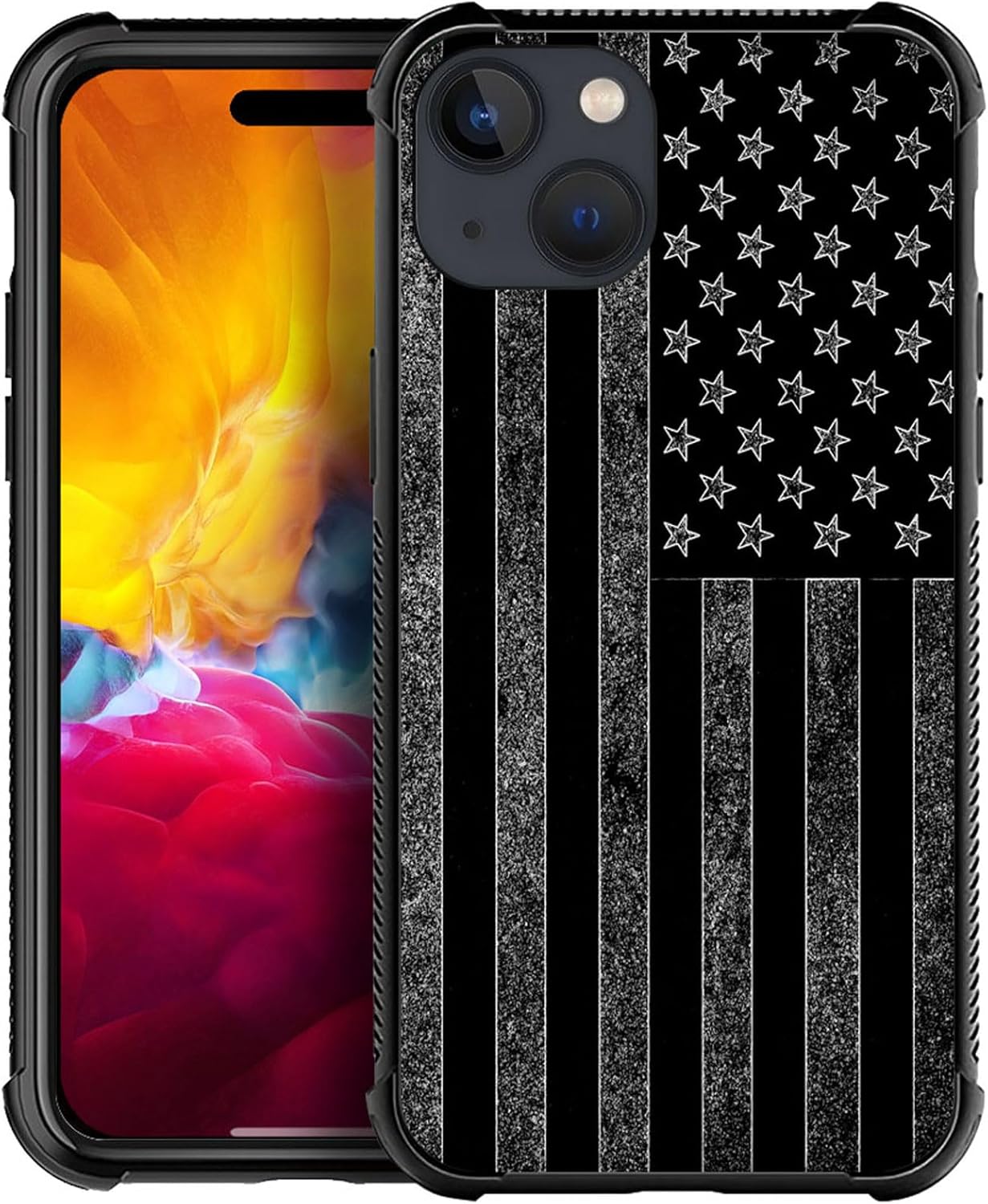 ZHEGAILIAN Funda compatible con iPhone 15 Plus, fundas de bandera estadounidense en blanco y negro, parte trasera de vidrio templado+funda