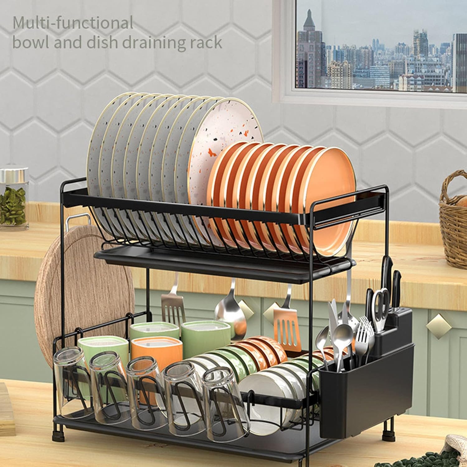 Escurridor de platos con escurridor de platos grande de 2 niveles con soporte para utensilios, estante para tazas, colador de disco de acero al