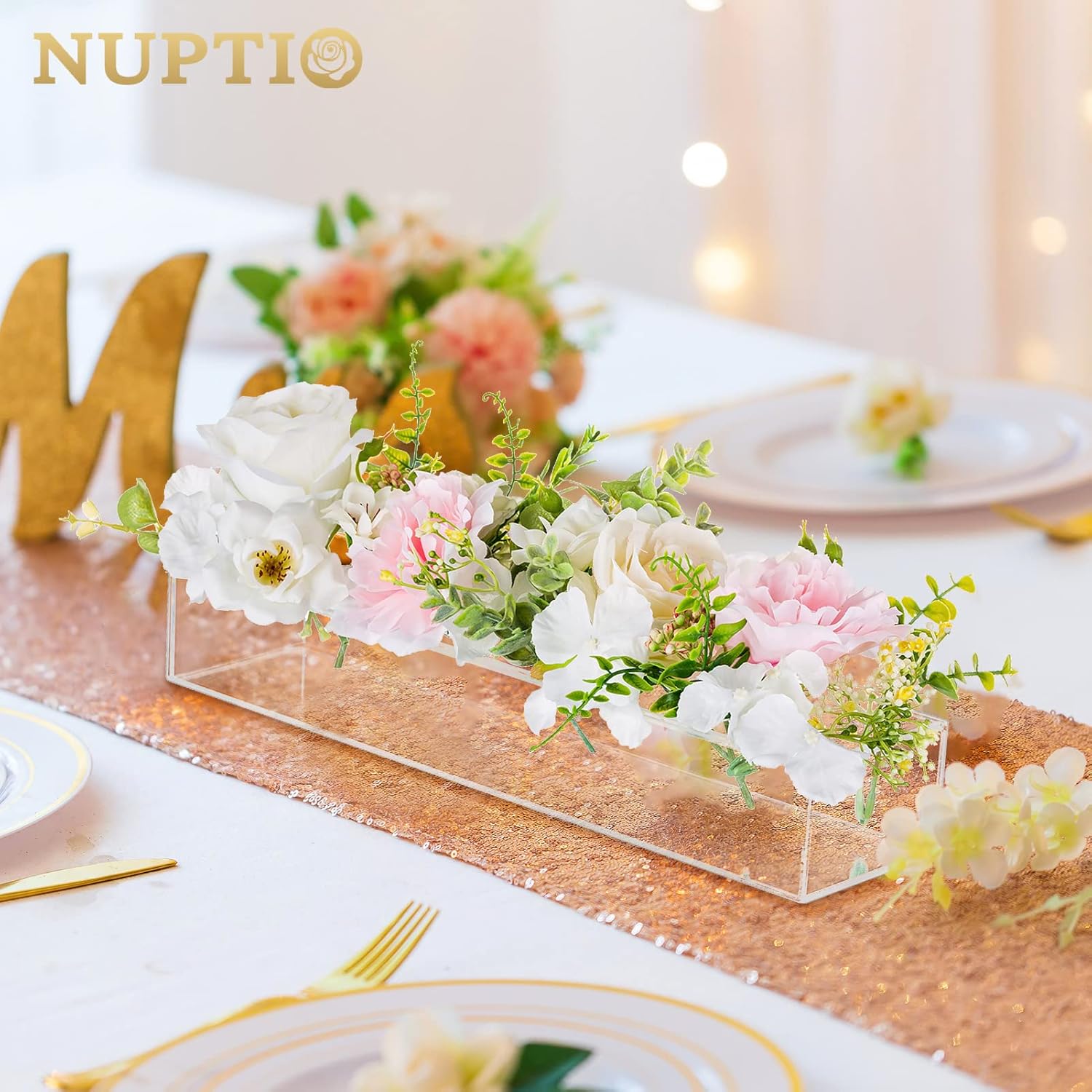 NUPTIO Centros de mesa de boda florales para mesas, 2 piezas de 15.7 pulgadas de largo, jarrones rectangulares transparentes para flores, caja
