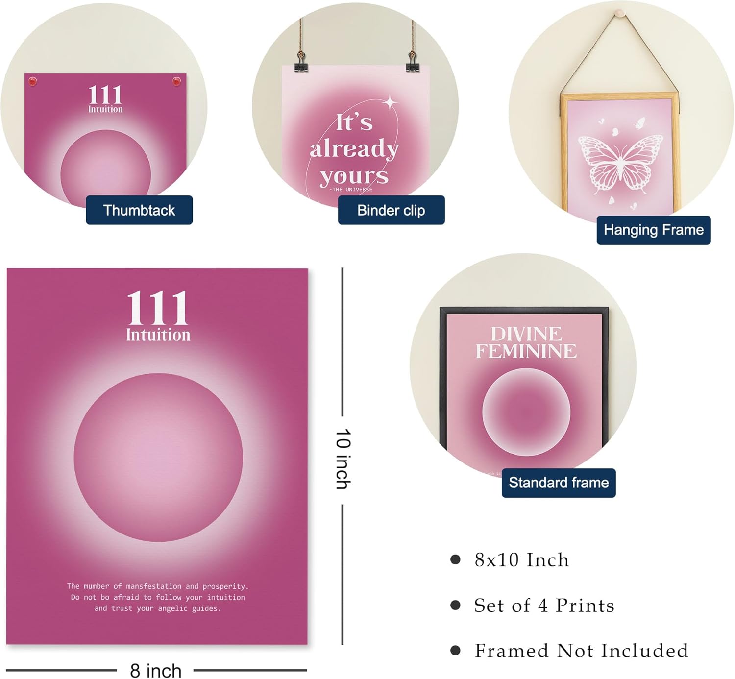 GOXFOC Decoración inspiradora de pared para mujer, póster degradado granulado de moda rosa sin marco, juego de 4, mariposa rosa positiva, decoración