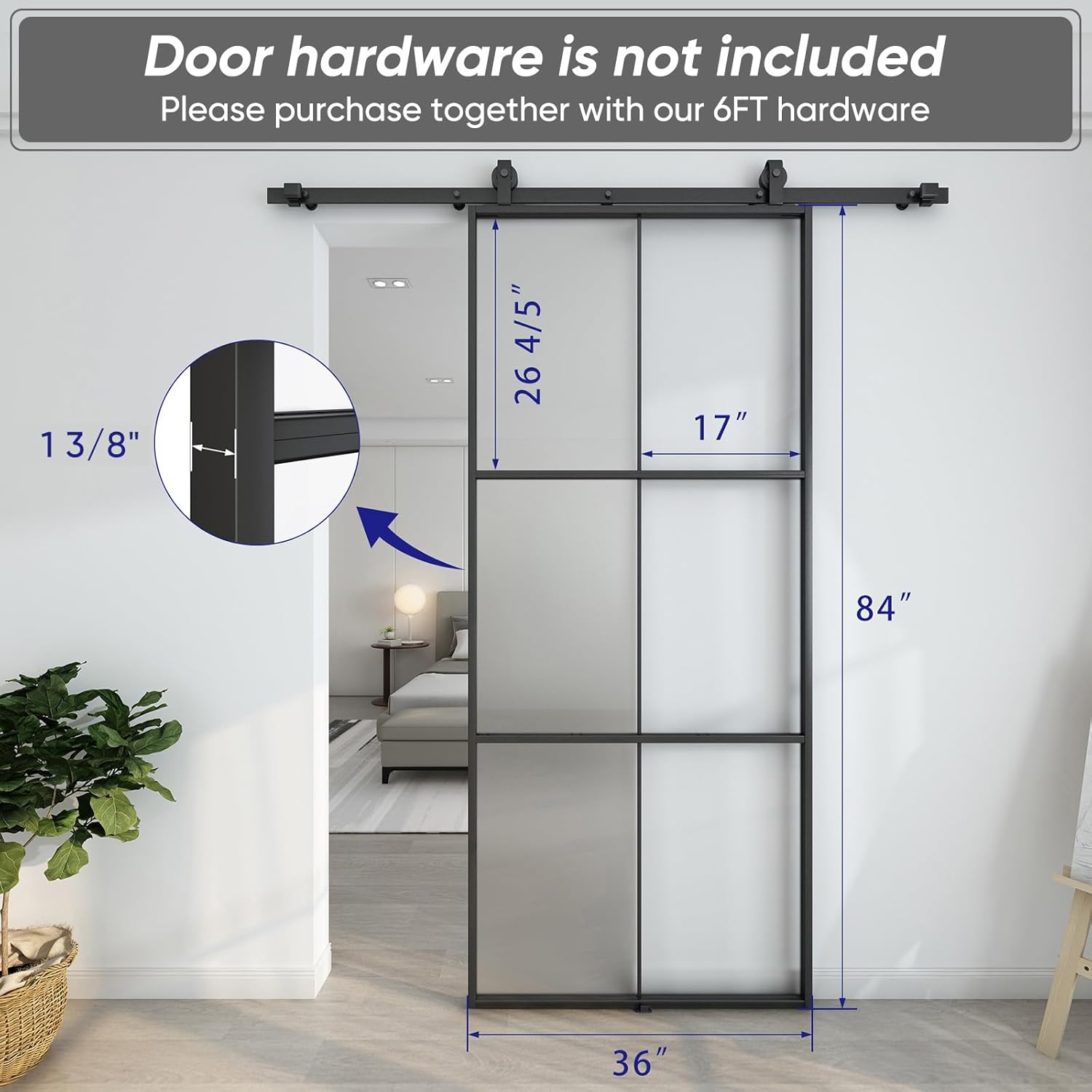 BARNSMITH Panel de puerta de granero de vidrio de aluminio de 36 x 84 pulgadas, losa de puerta de vidrio templado esmerilado desmontada (accesorios