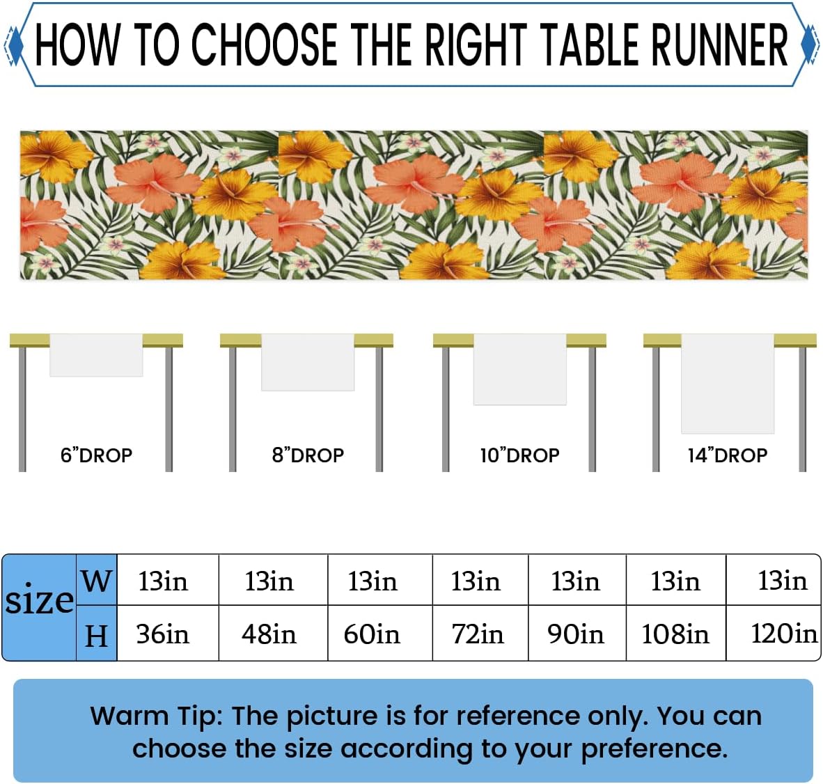 Table Runner Tropic Flowers Leaf, Autumn Rustic Linen Table Cloth Kitchen Dining Table Decor for Home Party 13 x 72 Inches