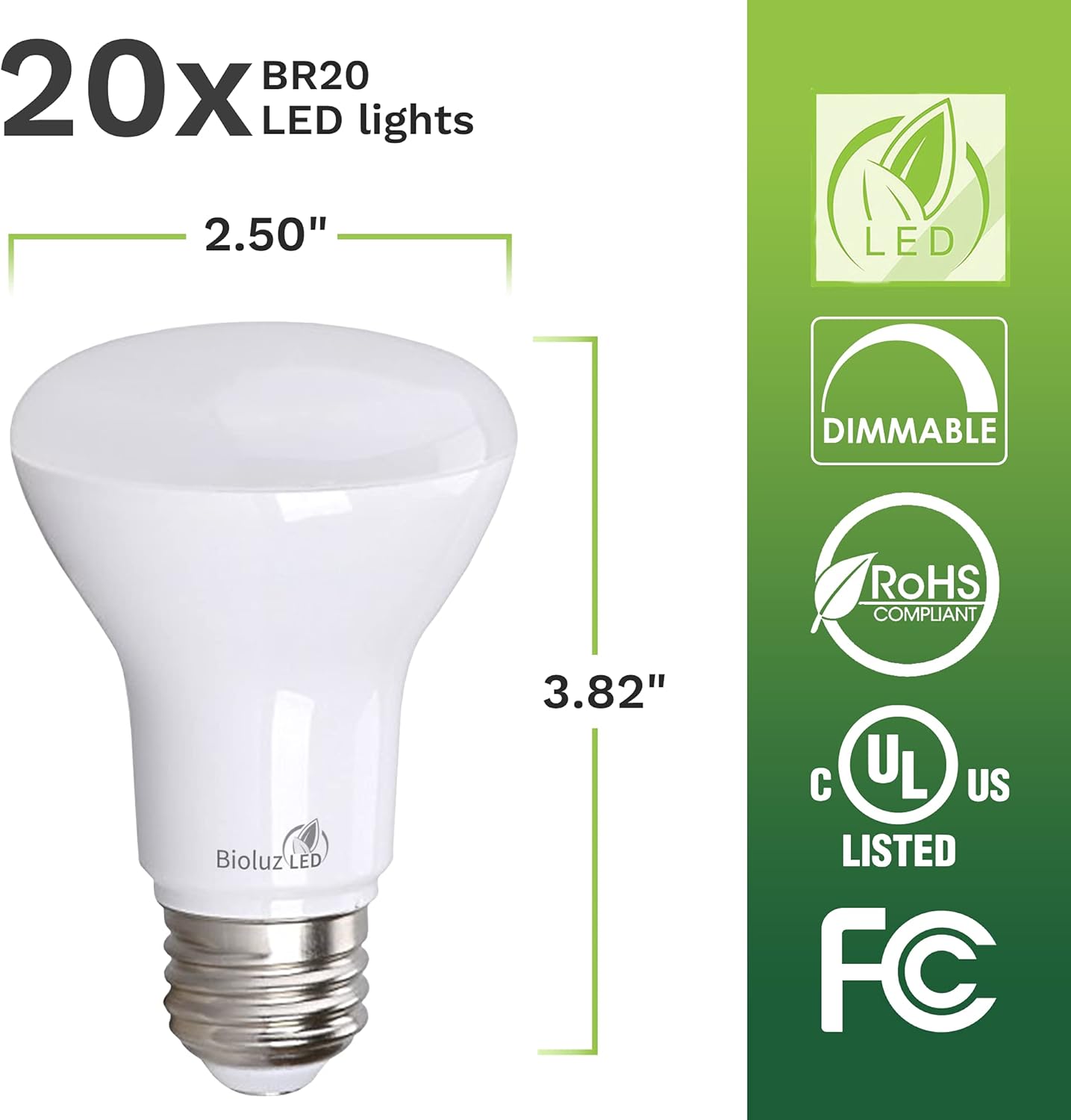 Bioluz LED Paquete de 20 bombillas LED BR20 de 3000 K, color blanco suave, 6 W  50 W, repuesto de 90 CRI 540 lúmenes, para interiores y exteriores,