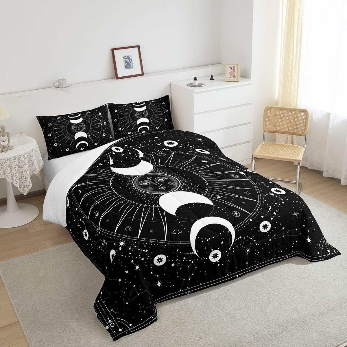 Erosebridal Juego de edredón de sol y luna, tamaño matrimonial, juego de edredón psicodélico con estrellas espaciales, negro, blanco, sol y luna,