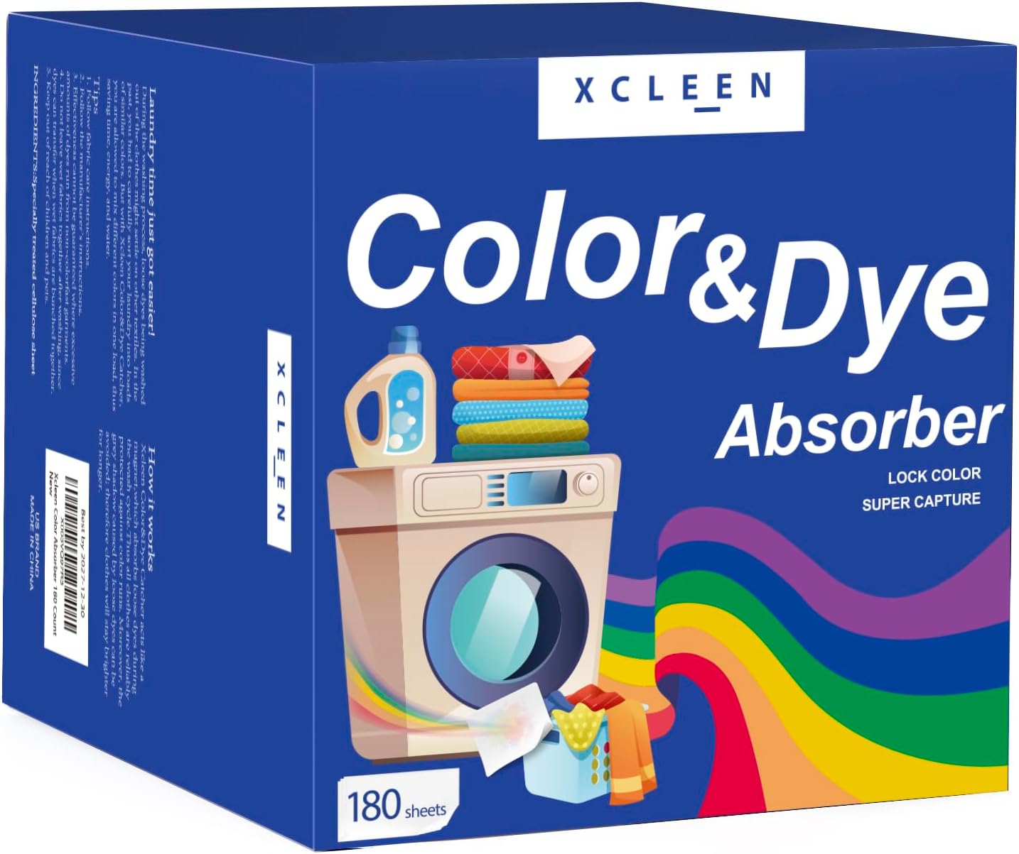 Xcleen 180 hojas de atrapamiento de tinte de color para lavandería, sin fragancia, evita que la ropa se manche, hojas de captura de color para el