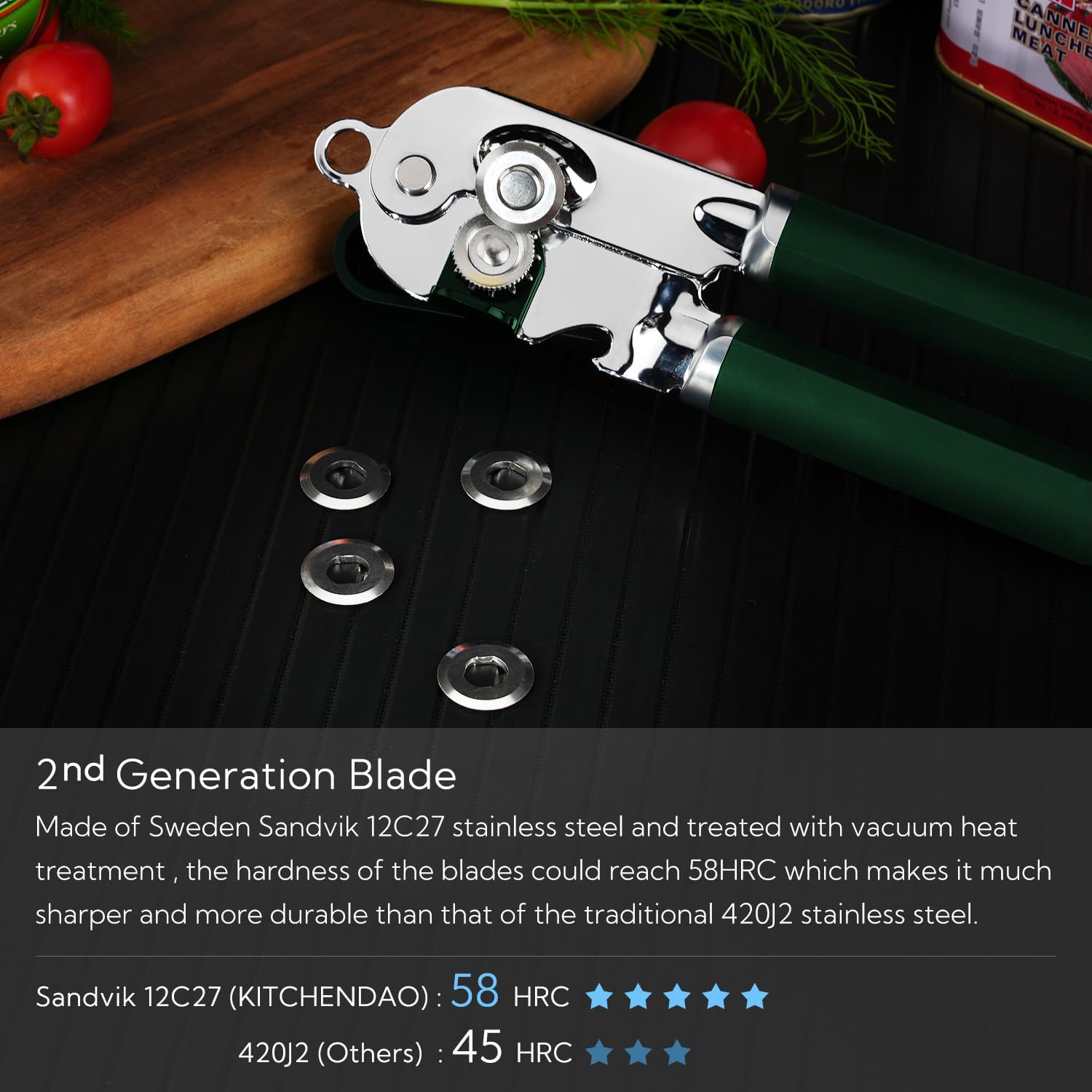 KITCHENDAO Abrelatas manual, hoja de segunda generación, abrelatas de mano con imán, rueda de corte súper afilada para corte de borde suave, perilla