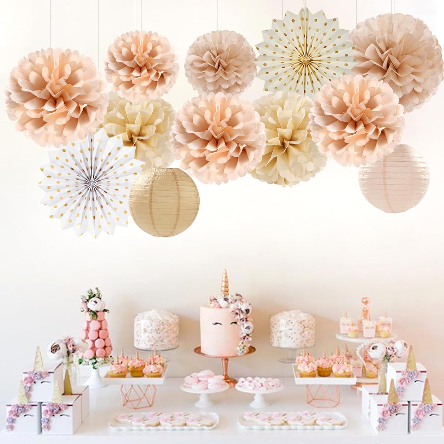 Decoraciones de fiesta bohemias de color beige, dorado champán, blanco, melocotón, 20 unidades neutrales para baby shower, linternas rústicas de