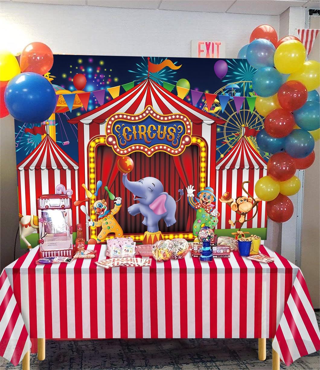 Kit de mantel de telón de fondo de circo rojo a rayas, parque de atracciones, tiendas de campaña, carrusel de carnaval, primer cumpleaños, baby