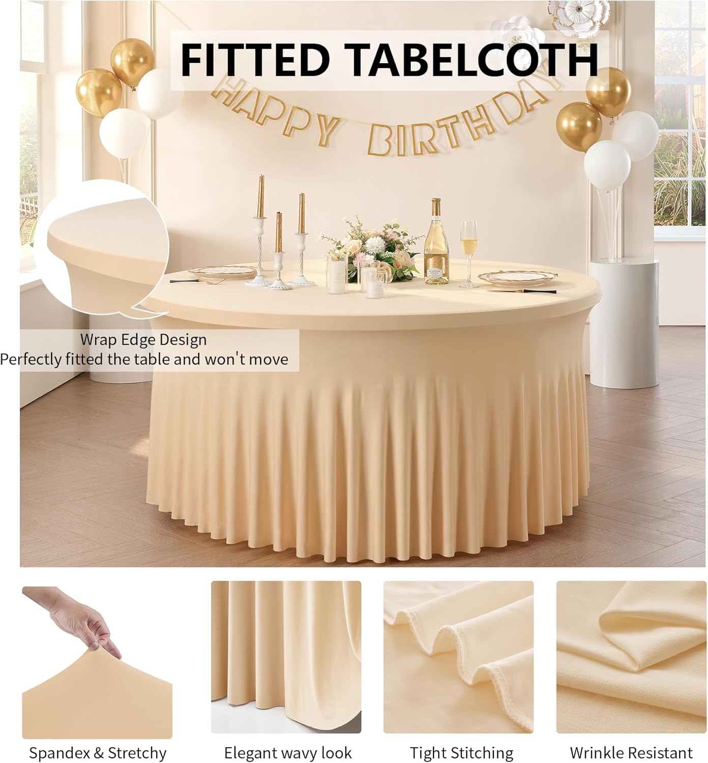 gogoparti Manteles redondos de elastano color champán de 108 pulgadas ajustados para mesa de 48 pulgadas, manteles redondos elásticos de 4 pies,