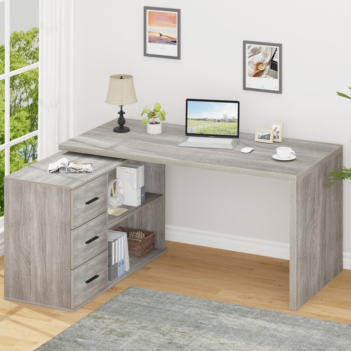 HSH Escritorio giratorio de 360 en forma de L con 3 cajones y 2 estantes, escritorio giratorio de oficina en casa para trabajo, escritura, estudio,