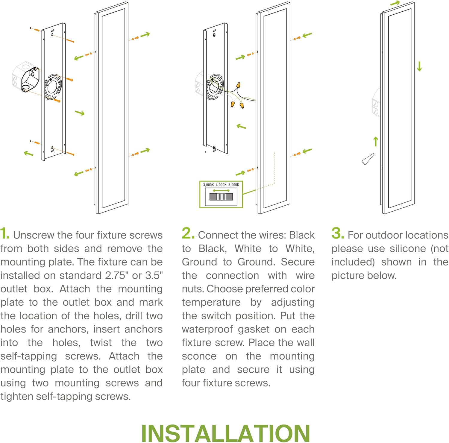 ASD Lámpara de pared LED de 36 pulgadas de largo, interruptor de 30 W, 100-277 V, 2500 lúmenes, 3000 K4000 K5000 K, regulable, impermeable, base de