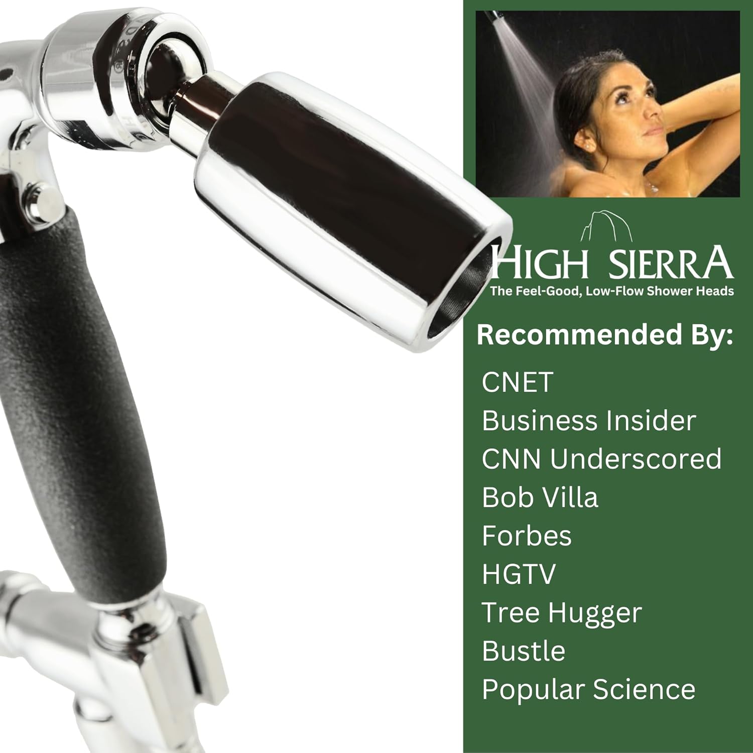 High Sierra – Kit de cabezal de ducha de mano de metal sólido con agarre antideslizante. Incluye cabezal de ducha de mano, válvula de goteo,