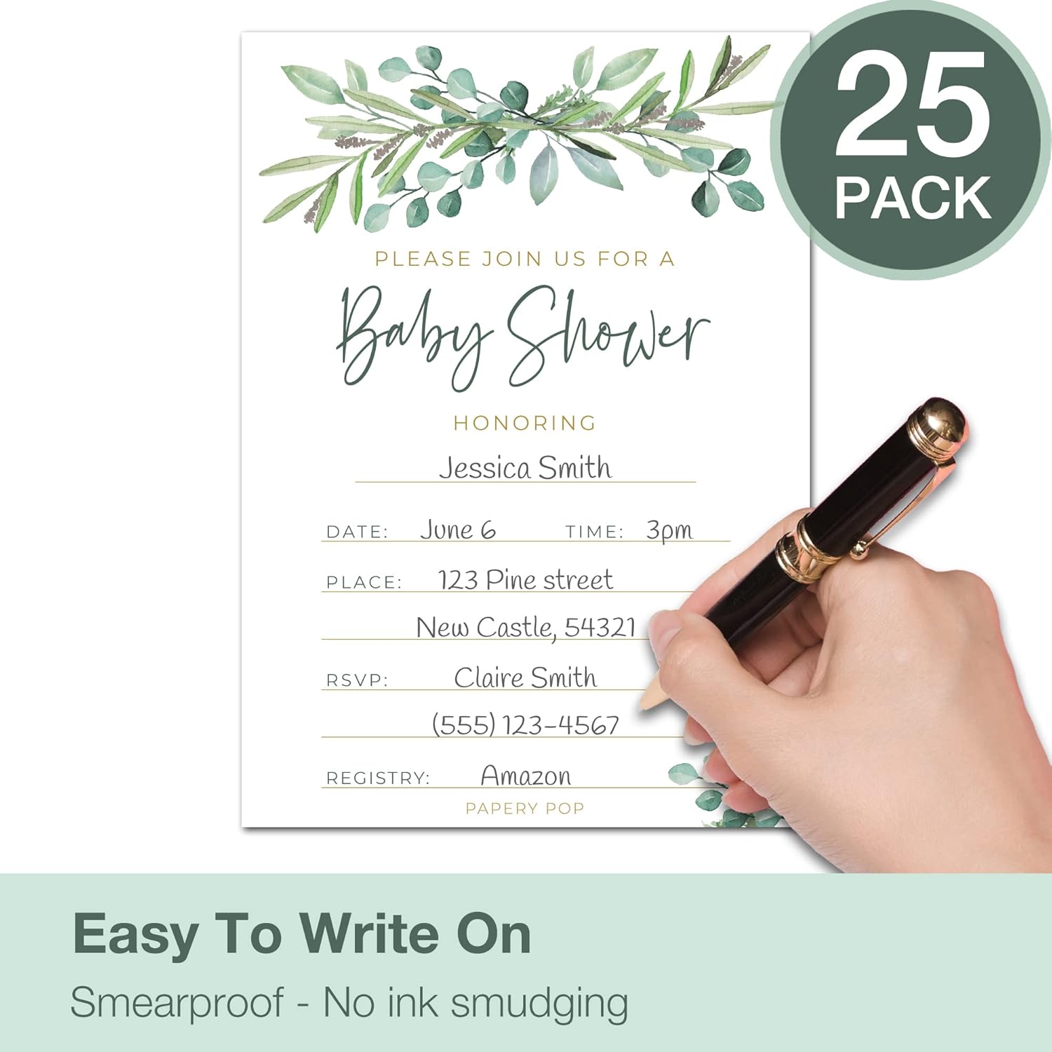 Juego de 25 invitaciones para baby shower con sobres, boletos para rifas de pañales y tarjetas de solicitud de libro de baby shower, eucalipto