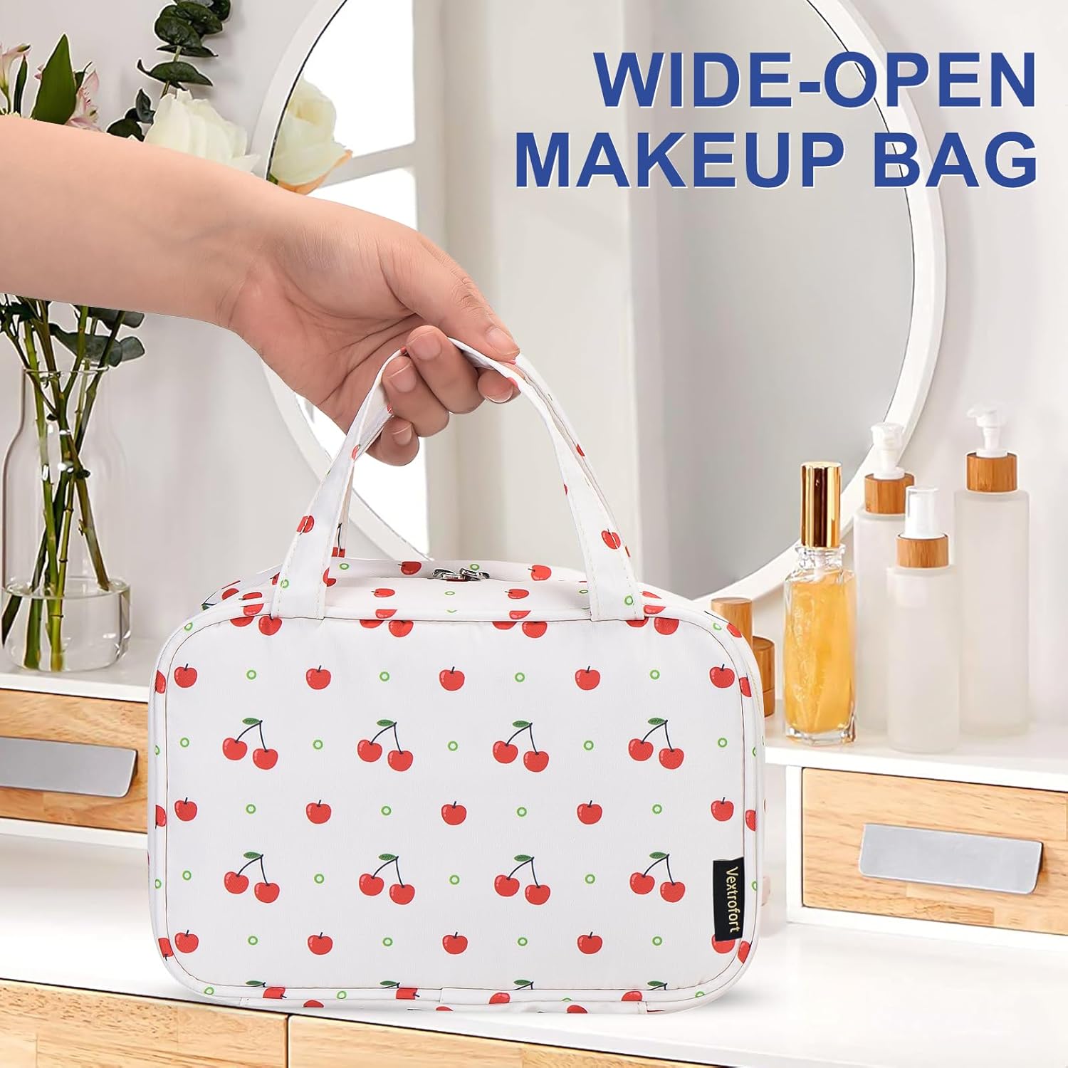 Bolsa de maquillaje, pequeñas bolsas de cosméticos de viaje portátiles para mujeres con organizador de brochas y asa, bolsa de maquillaje compacta