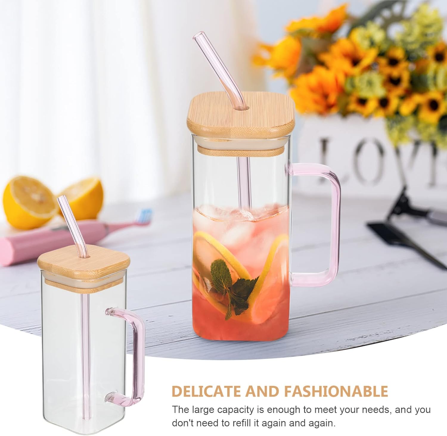 Luxshiny Vasos rectangulares con pajita de vidrio con tapas, vasos cuadrados con asa, tapa de bambú, vasos transparentes para café helado para el
