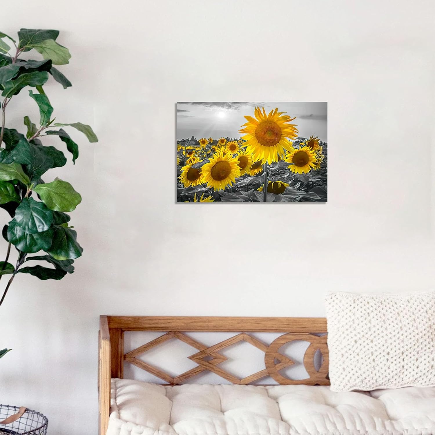Arte de pared de girasol, pintura de flores, obra de arte de granja, arte de pared negro y amarillo, póster de flores amarillas, impresión de