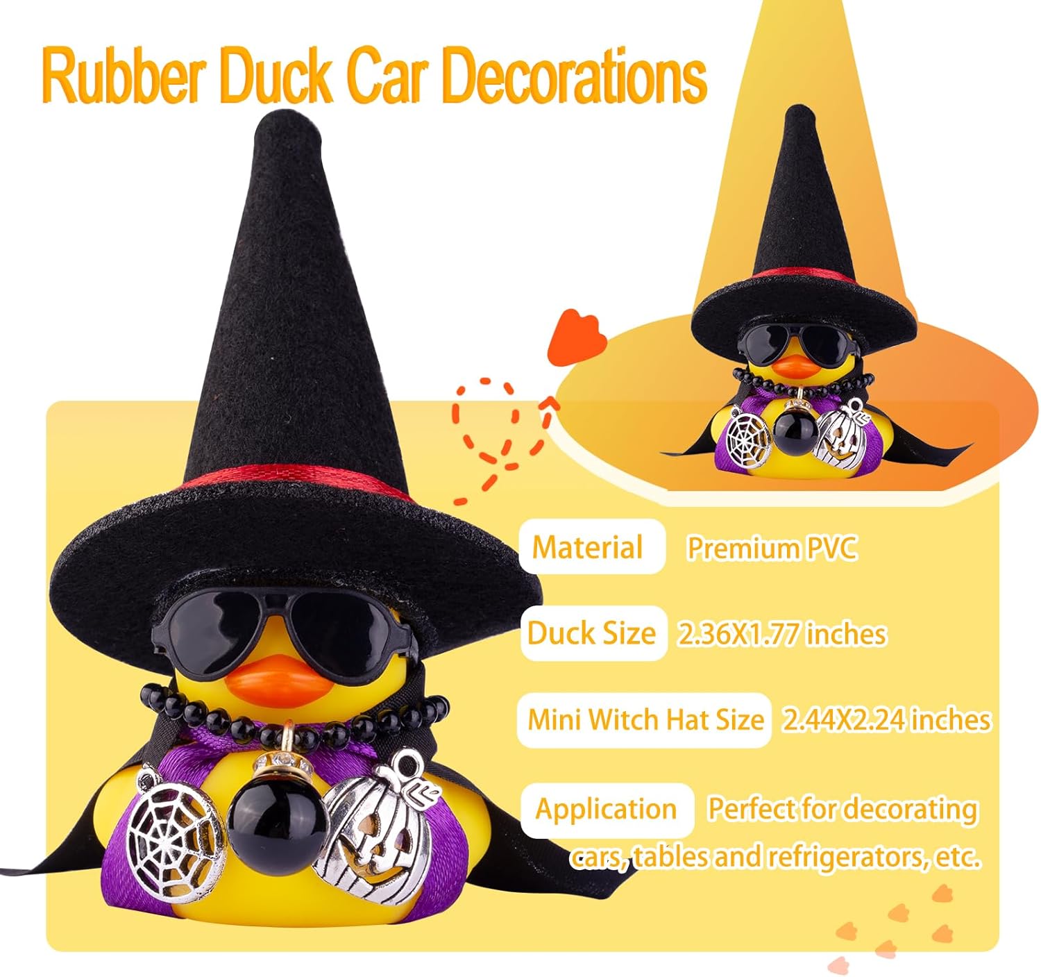 Adornos de pato de goma para automóvil, decoraciones de tablero de automóvil con mini sombrero de bruja, capa, collar, accesorios de Halloween para